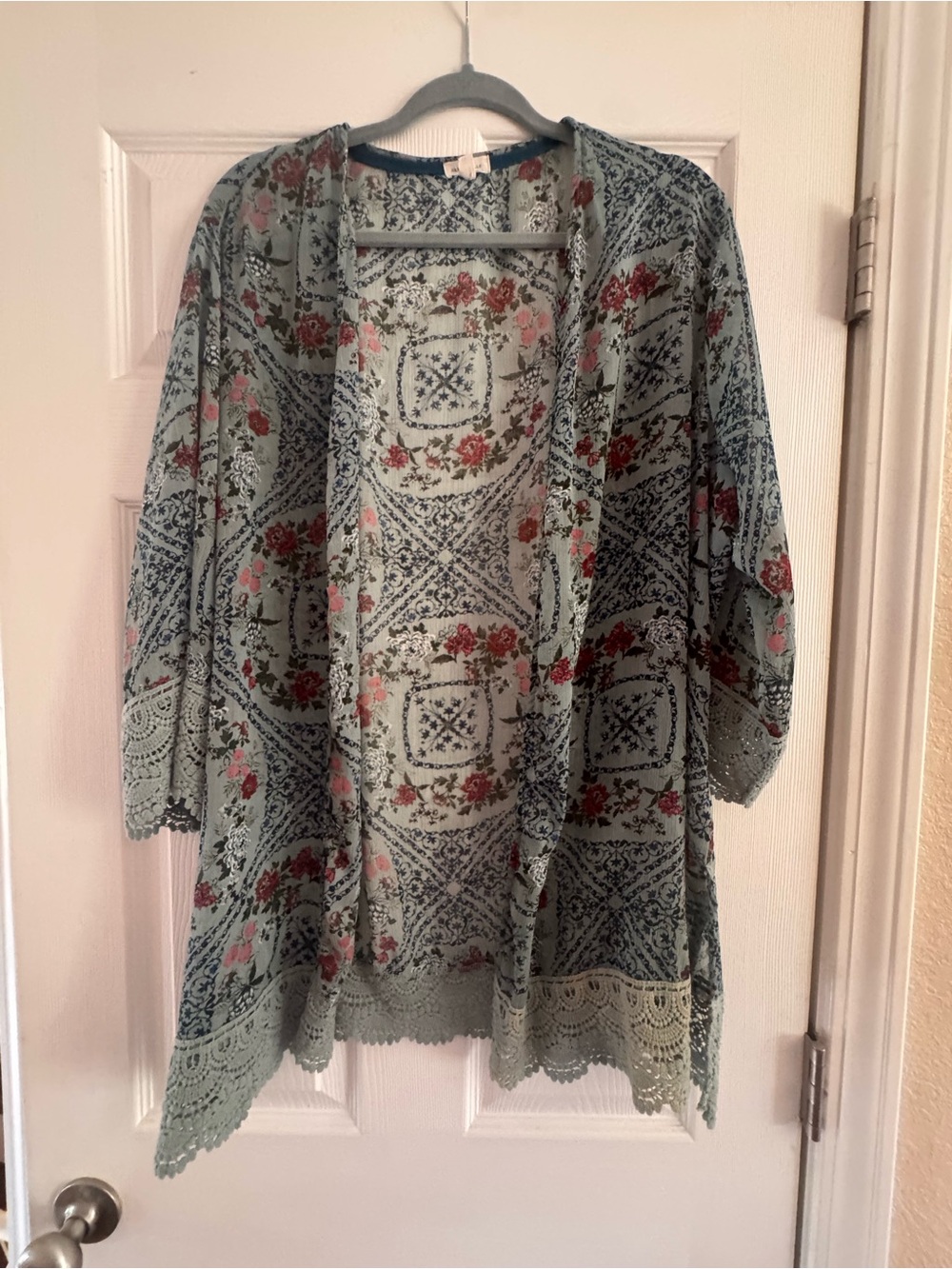 Light Blue Floral Lace-Trim Swim Coverup